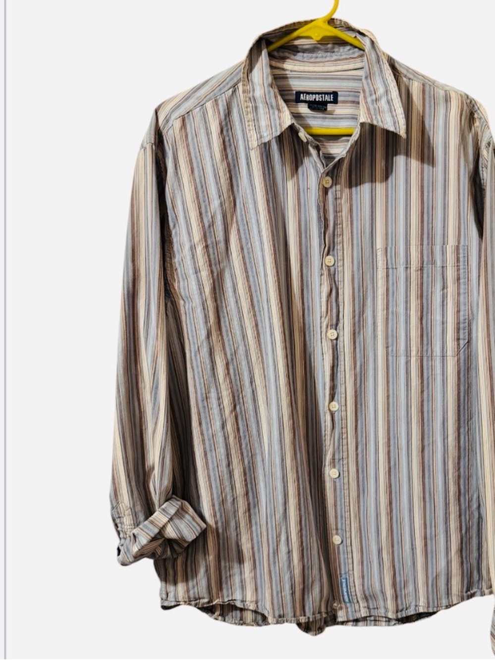 Aeropostale VTG Mens 100% Cotton Vertical Striped Shirt - Blue, Tan & Cream⭐️
